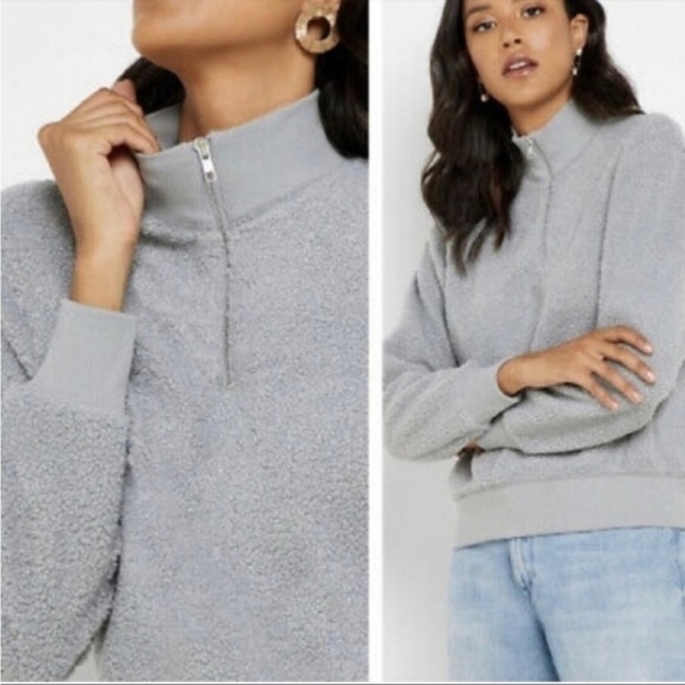 TOPSHOP Teddy Modern Gray Quarter Zip Up Pullover Sweater 10